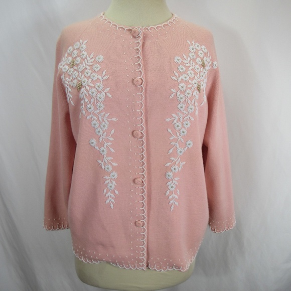 Jacques Heim of Paris Sweaters - Jacques Heim Paris Pink Beaded Wool Cardigan VTG